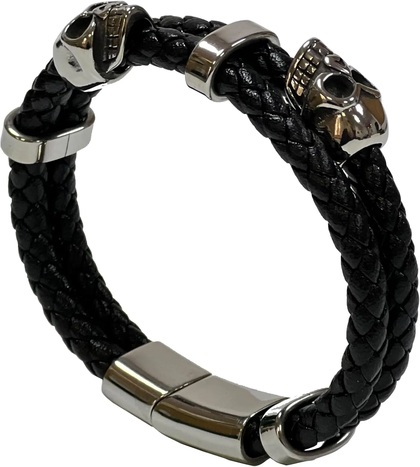 Double Row Skull Mens Bracelet, 316L Stainless Steel Cuff Bracelets for Men, Skeleton Braided Leather Punk Gothic Wristband Jewelry