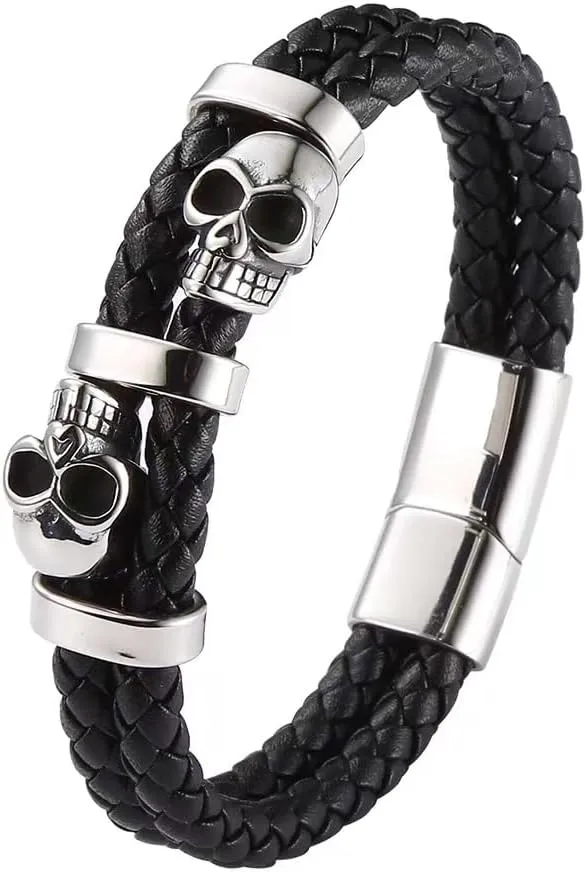 Double Row Skull Mens Bracelet, 316L Stainless Steel Cuff Bracelets for Men, Skeleton Braided Leather Punk Gothic Wristband Jewelry
