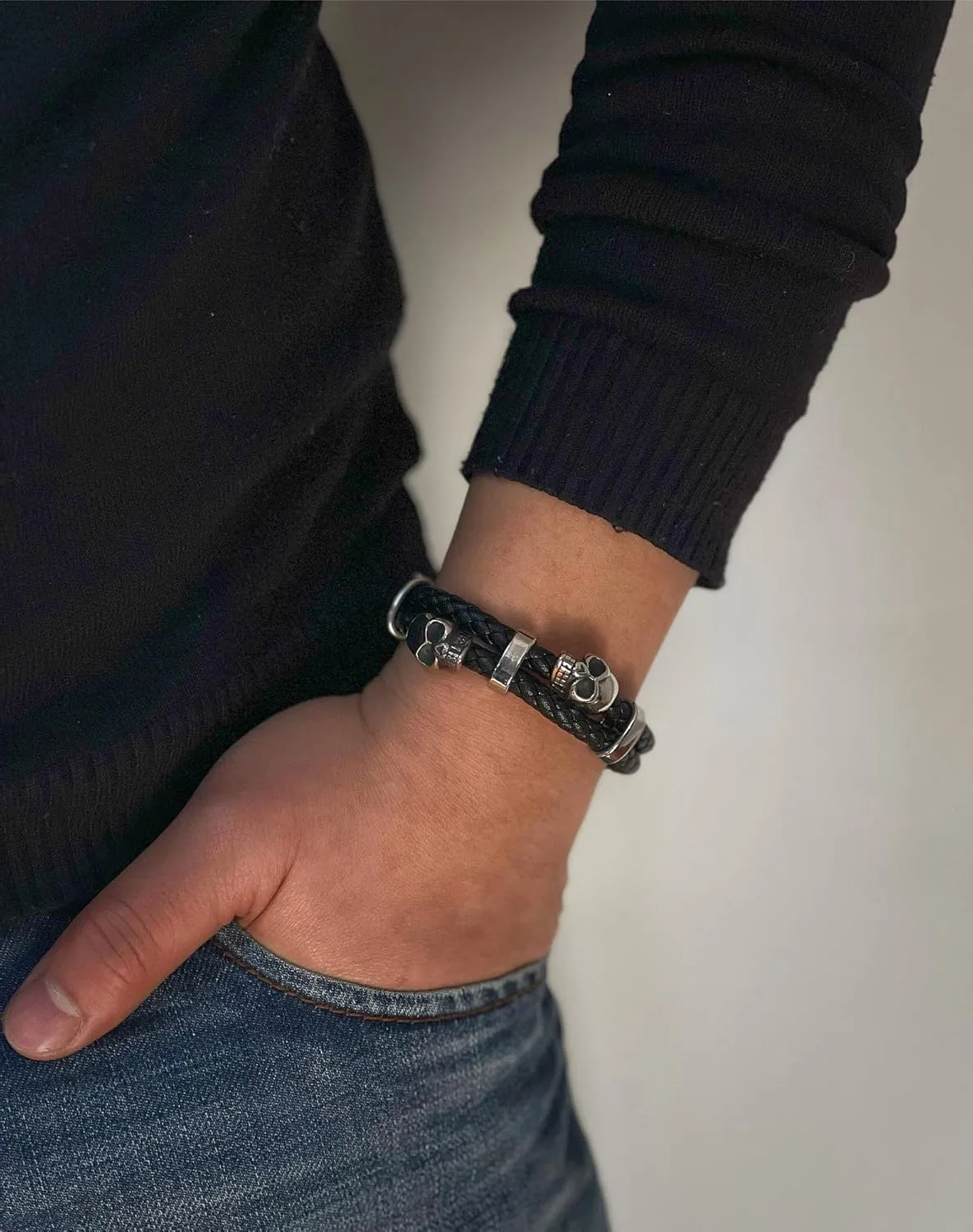 Double Row Skull Mens Bracelet, 316L Stainless Steel Cuff Bracelets for Men, Skeleton Braided Leather Punk Gothic Wristband Jewelry
