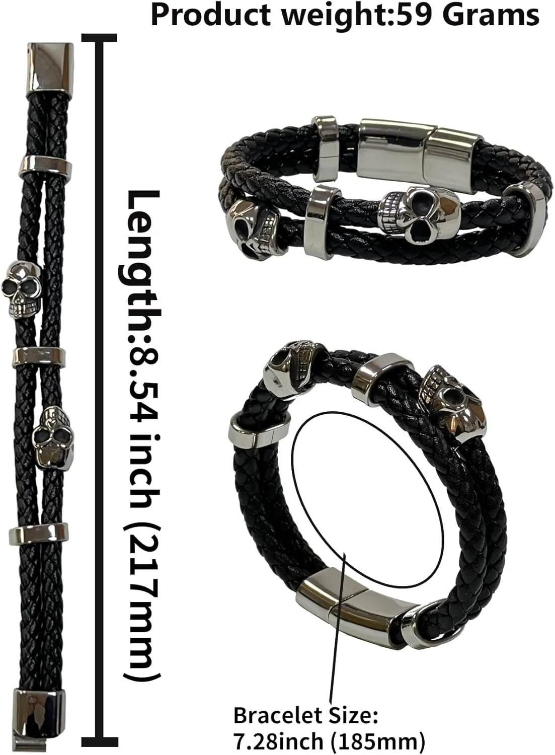 Double Row Skull Mens Bracelet, 316L Stainless Steel Cuff Bracelets for Men, Skeleton Braided Leather Punk Gothic Wristband Jewelry