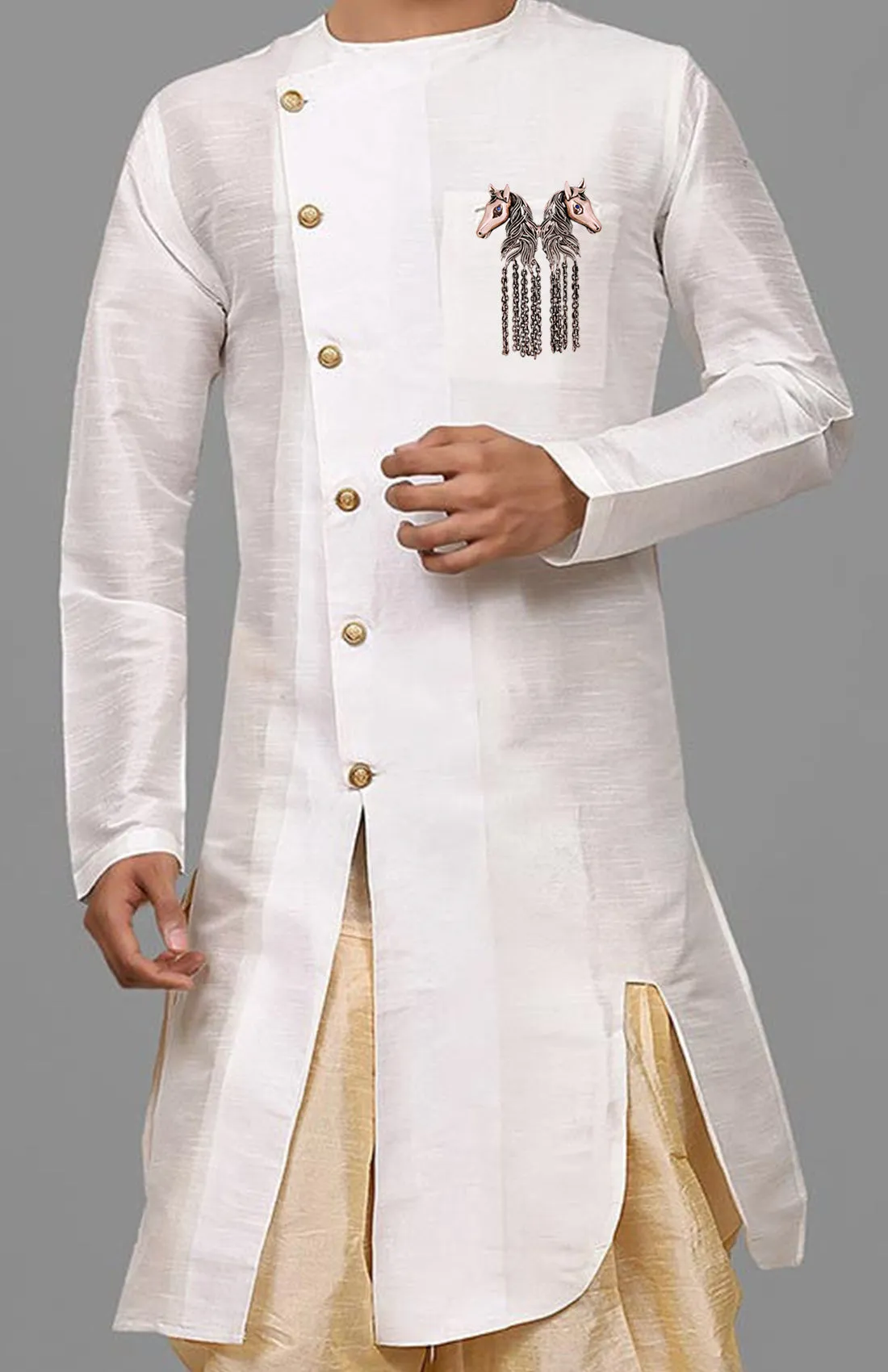 Dual Horse Shaped Tassel Chain Sherwani Brooch