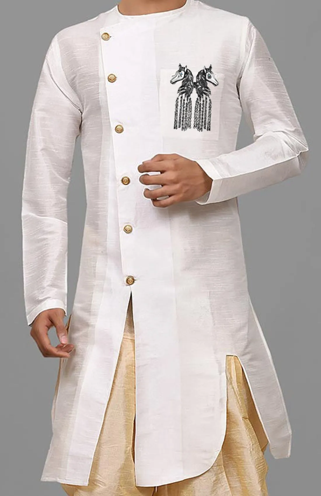 Dual Horse Shaped Tassel Chain Sherwani Brooch