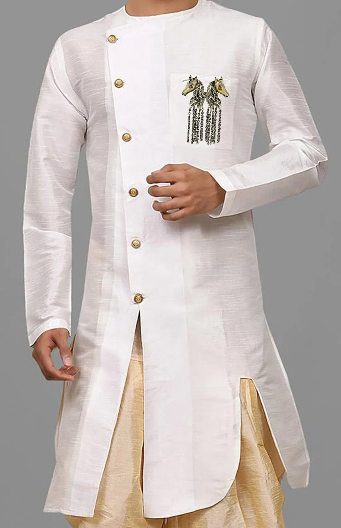 Dual Horse Shaped Tassel Chain Sherwani Brooch