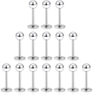 Dyknasz 15PCS 20G Stainless Steel Lip Rings Labret Studs Piercing Monroe Studs Ear Tragus Helix Cartilage Earring Jewelry 6-10mm Bar Length 5 Colors for Women Men