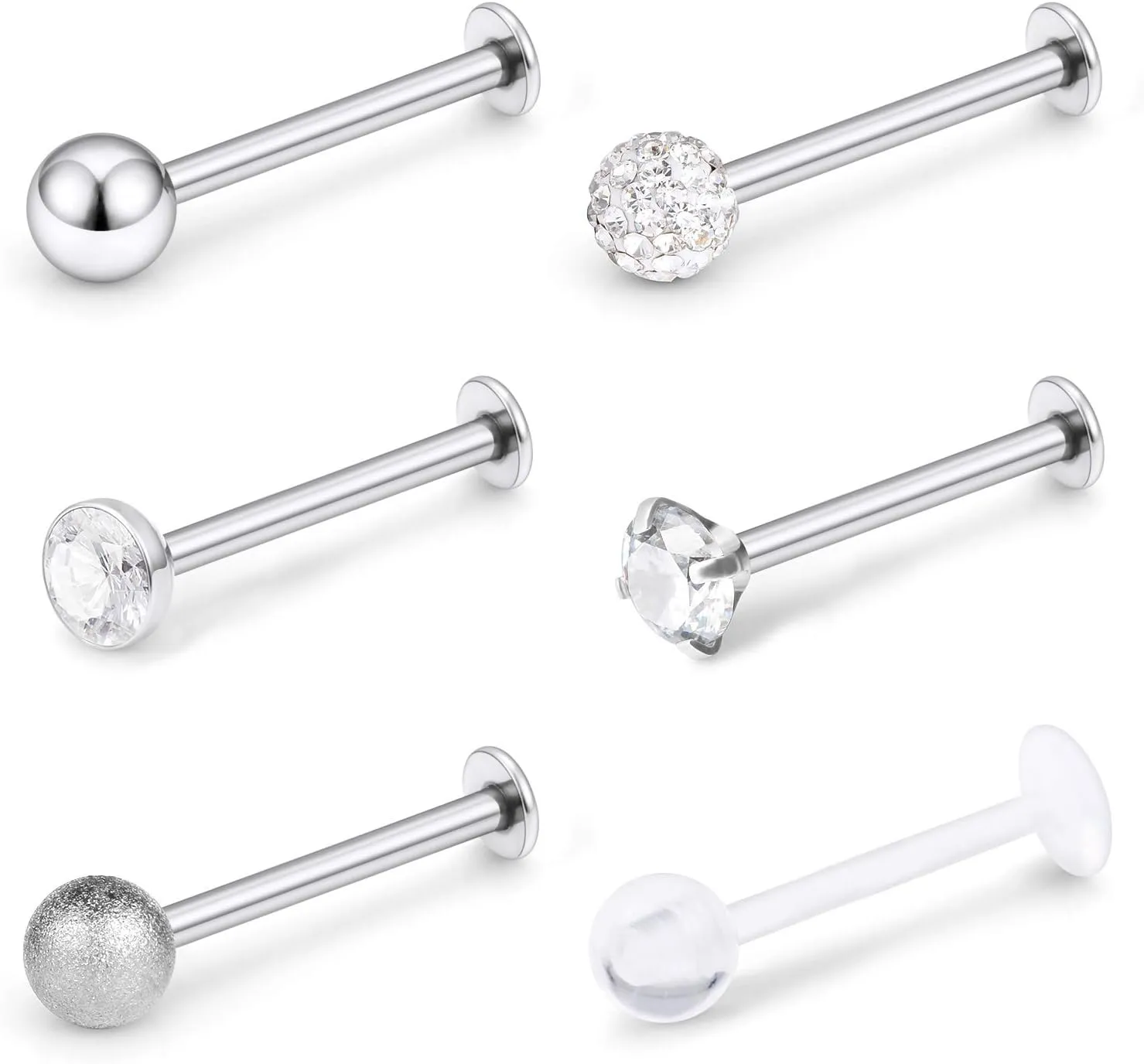 Dyknasz 16G Stainless Steel Labret Studs Monroe Lip Rings Retainer Cartilage Tragus Nail Conch Helix Earring Barbell Piercing Jewelry with Clear Diamond CZ for Women Men