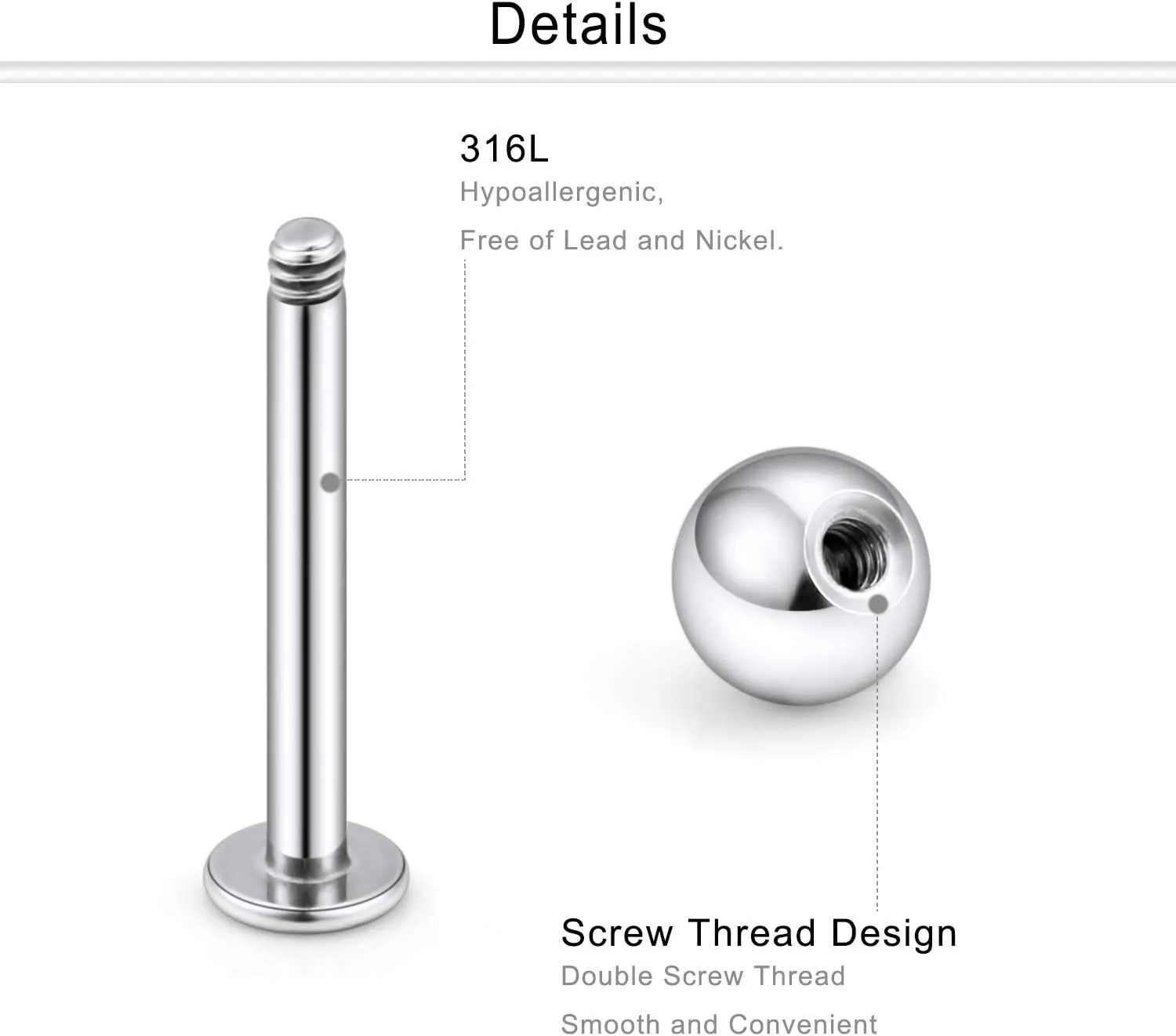 Dyknasz 16G Stainless Steel Labret Studs Monroe Lip Rings Retainer Cartilage Tragus Nail Conch Helix Earring Barbell Piercing Jewelry with Clear Diamond CZ for Women Men