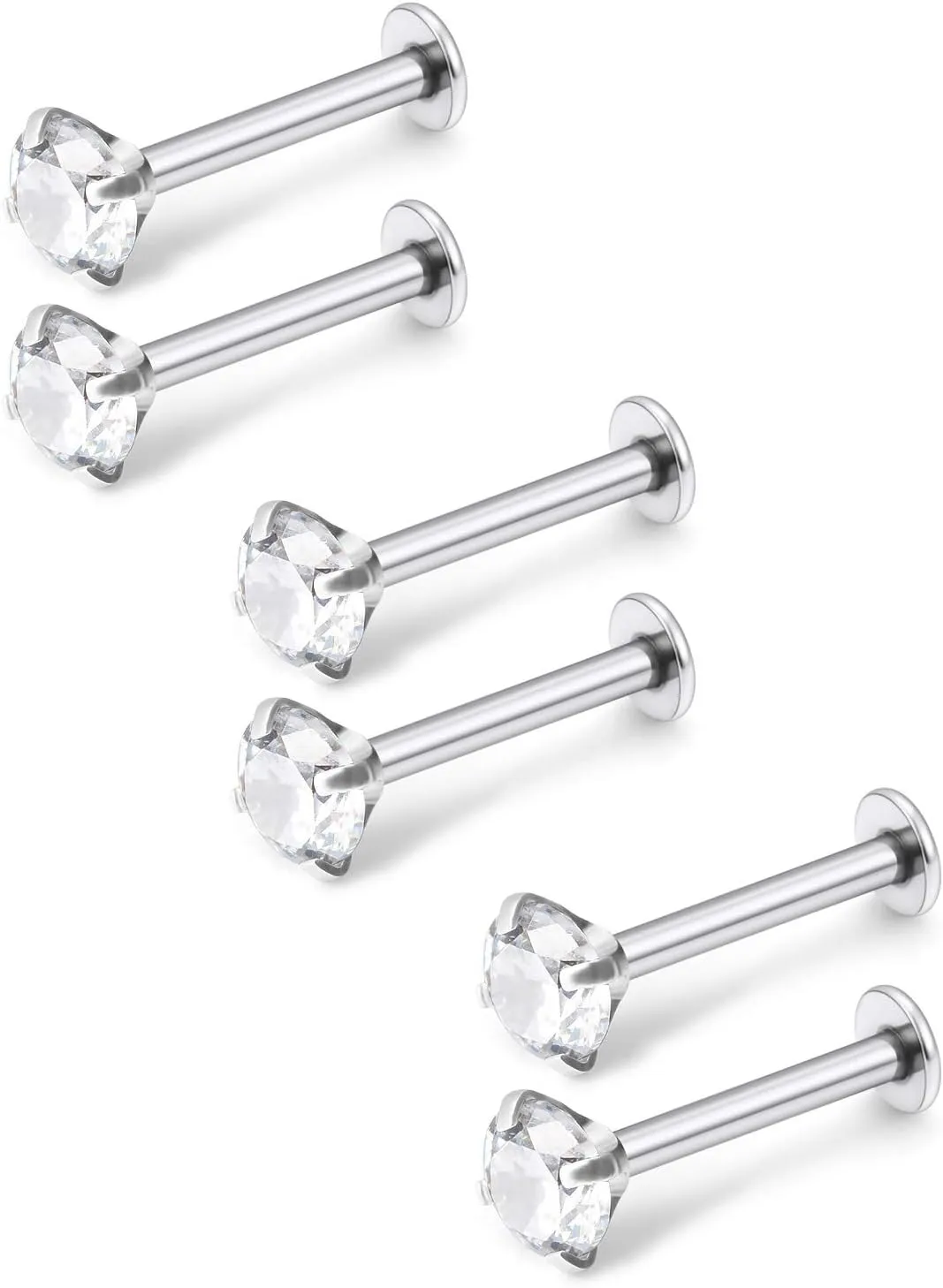 Dyknasz 316L Stainless Steel 16G 2-4mm Clear CZ Gem Nose Piercing Labret Monroe Lip Monroe Helix Rings Cartilage Ear Ring Studs Piercings 6mm Bar Length for Women Men