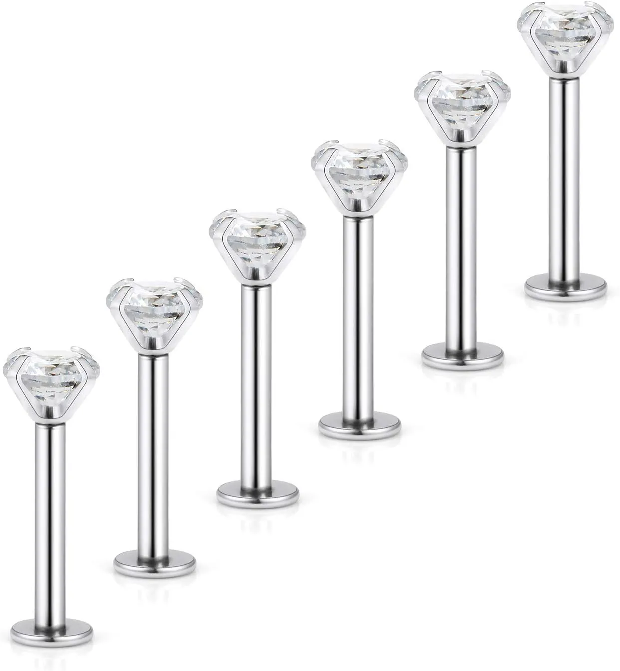 Dyknasz 316L Stainless Steel 16G 2-4mm Clear CZ Gem Nose Piercing Labret Monroe Lip Monroe Helix Rings Cartilage Ear Ring Studs Piercings 6mm Bar Length for Women Men