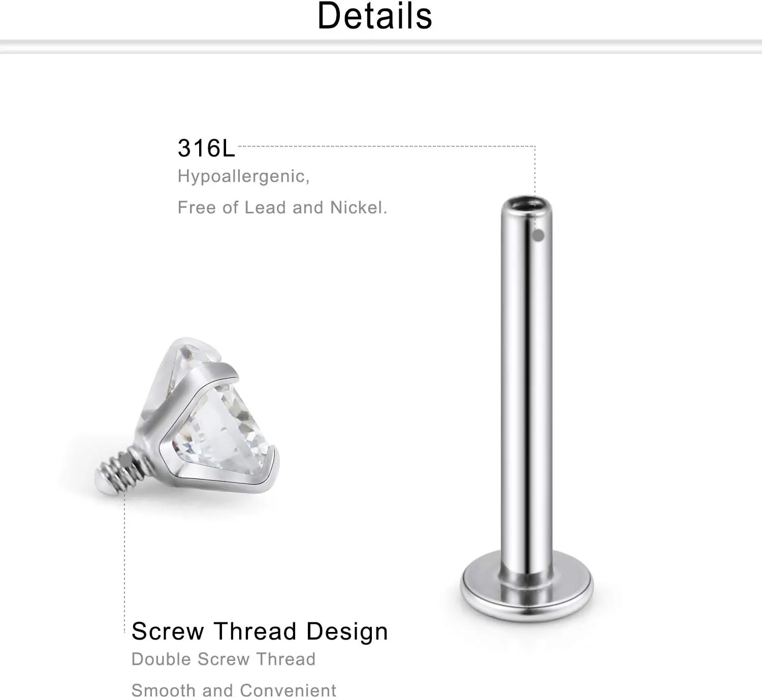 Dyknasz Labret Studs 16G Surgical Steel Monroe Barbell Lip Ring Piercing Jewelry Clear Diamond CZ with Flat Back for Women Men