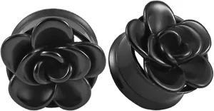 Ear Plugs Jewelry for Women, Stainless Steel Ear Tunnels for Men Black Flower Shape Unisex Piercing Gauge Earrings 2pcs