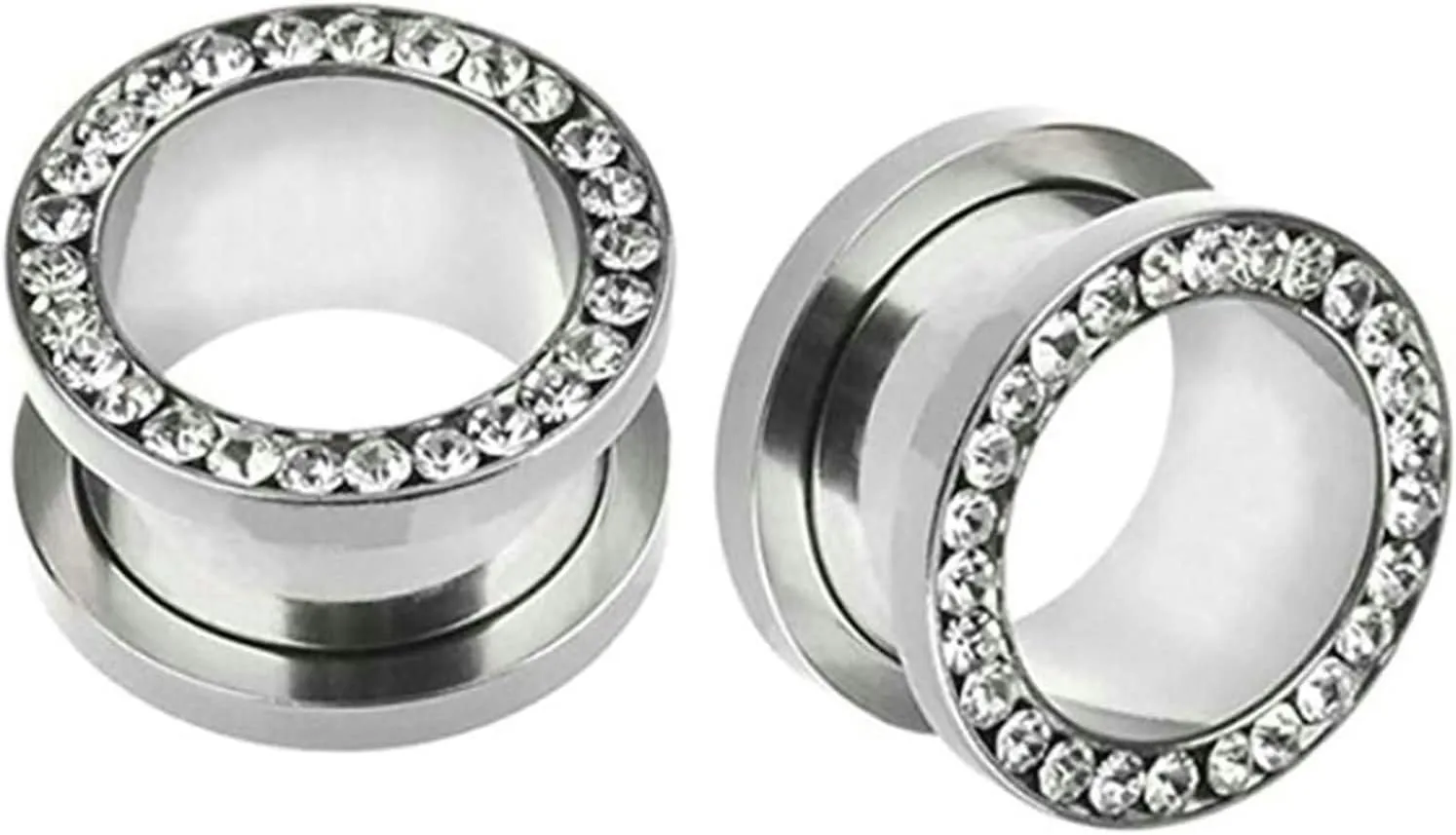 Ear Tunnels for Men, Mens Ear Gauges Plugs Stainless Steel with White Cubic Zirconia Pierced Earrings for Women 2pcs