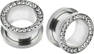 Ear Tunnels for Men, Mens Ear Gauges Plugs Stainless Steel with White Cubic Zirconia Pierced Earrings for Women 2pcs