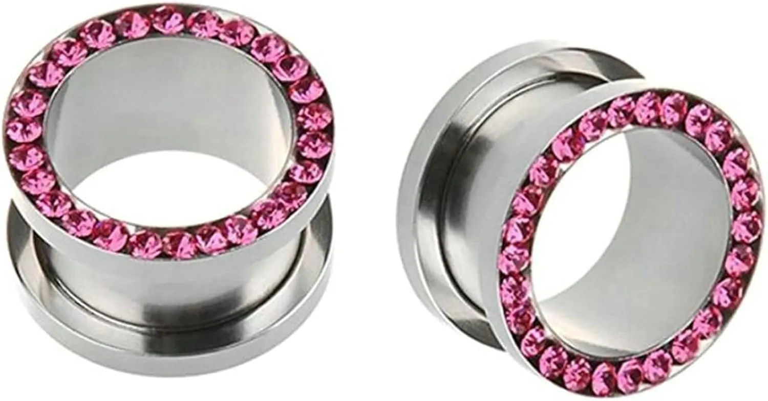 Ear Tunnels for Women, Ear Gauges for Men Stainless Steel with Pink Cubic Zirconia Unisex Piercing Gauge Earrings 2pcs