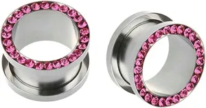 Ear Tunnels for Women, Ear Gauges for Men Stainless Steel with Pink Cubic Zirconia Unisex Piercing Gauge Earrings 2pcs