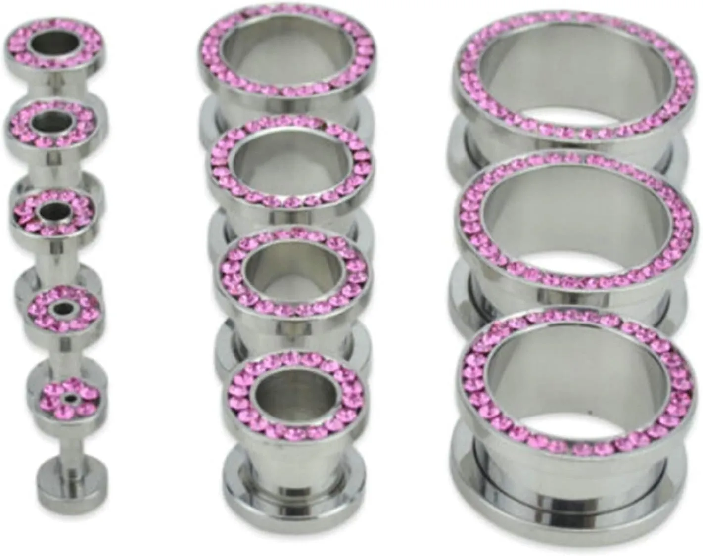 Ear Tunnels for Women, Ear Gauges for Men Stainless Steel with Pink Cubic Zirconia Unisex Piercing Gauge Earrings 2pcs