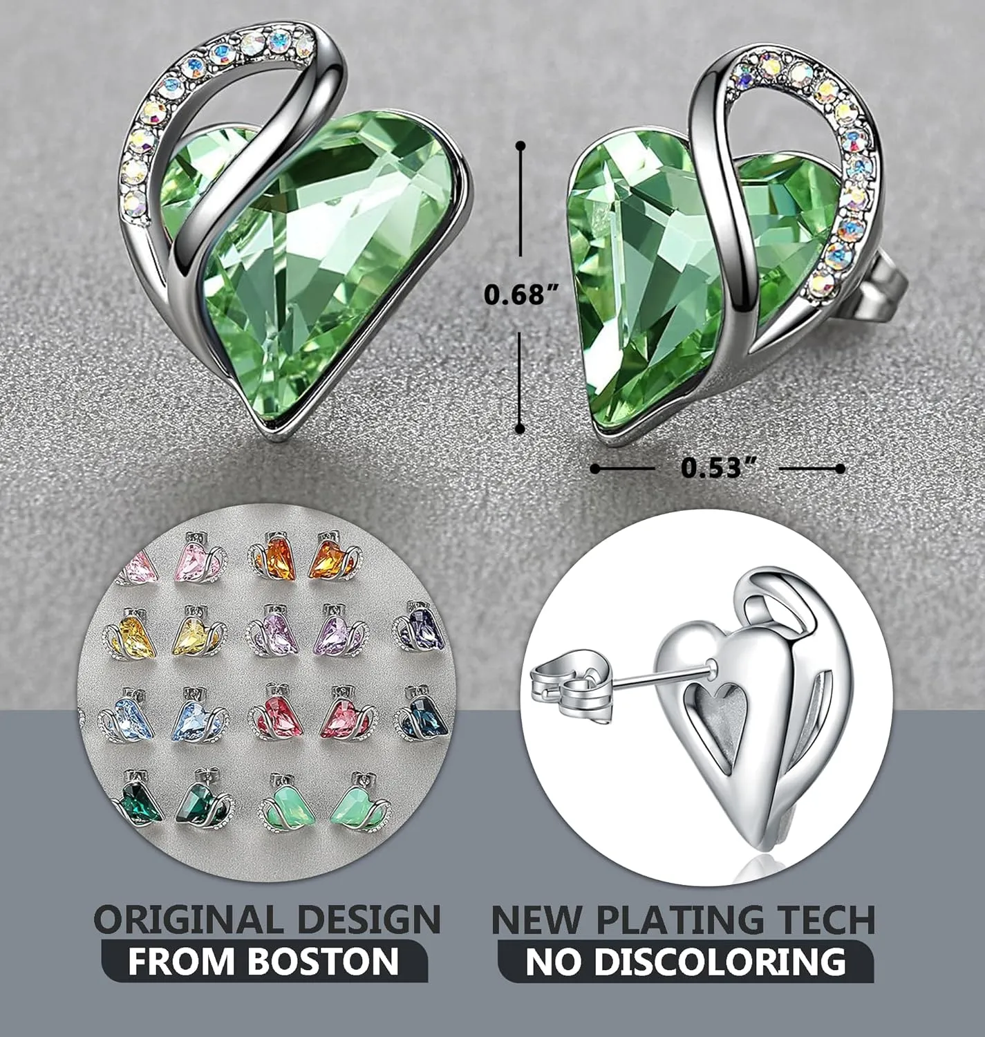Earrings for Women, Mothers Day Gift for Mom, Heart Birthstone Crystal Stud Earring, Silver Plated Birthday Jewelry
