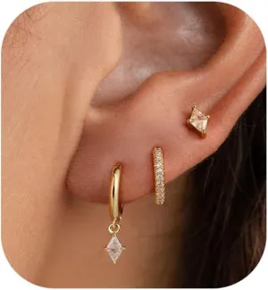 Earrings for Women Trendy,Dainty Gold Earring Stacks 14K Gold Plated Huggie Stud Earrings for Women Small Cartilage Hoop Earring Set Hypoallergenic Summer Huggie Jewelry