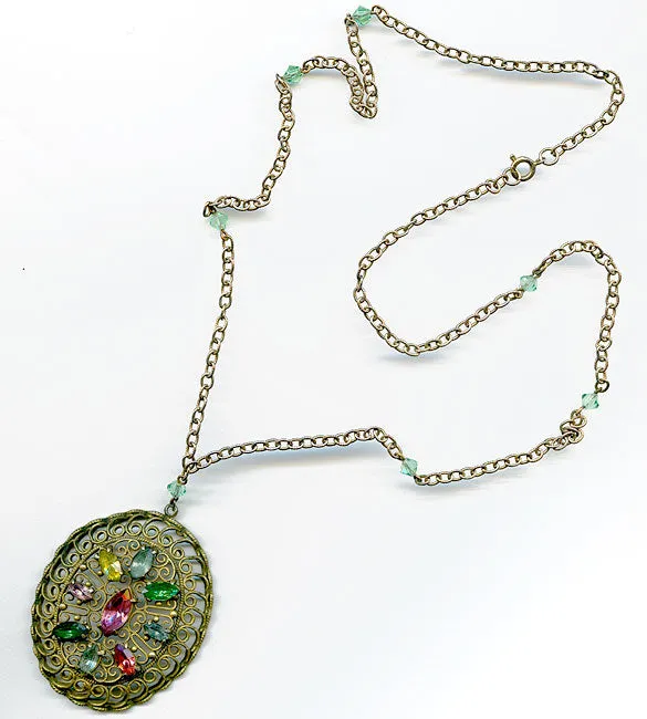 Edwardian brass filigree pendant with multi colored glass stones. j-pded072