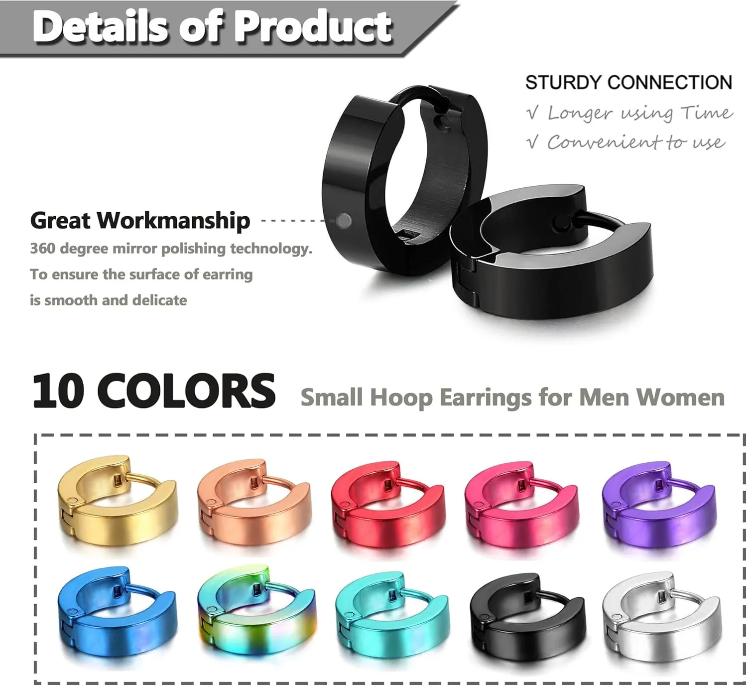 EIELO 10 Pairs Stainless Steel Small Hoop Earrings for Men Women Huggie Earrings Cool Mens Earrings Set Multicolor Huggie Hoop Earrings Piercing Cartilage Helix Lobes Sleeper Hoop Earrings Set 2-4mm