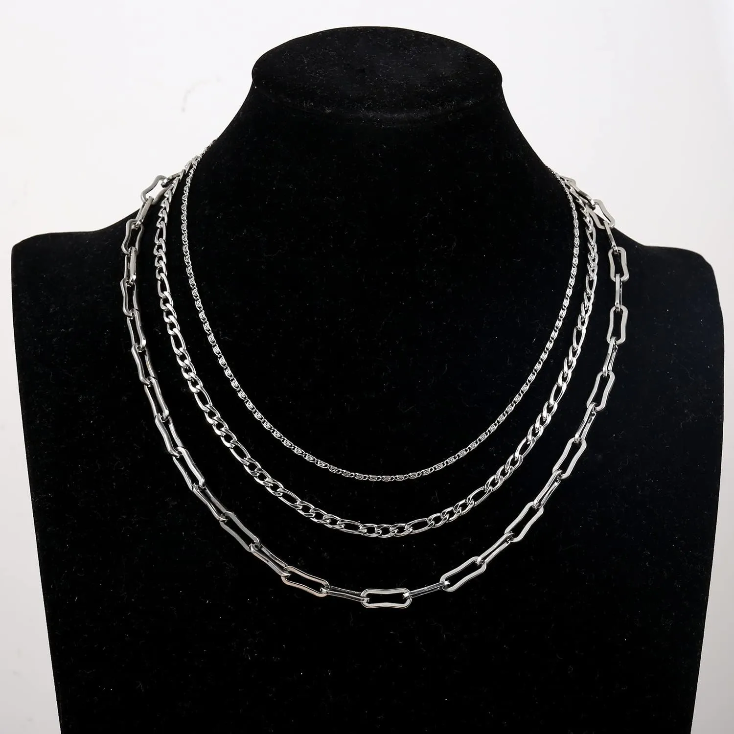 Elegance 11 designs Gold/Silver Stainless Steel Layered Set Necklace Square Linear Paperclip Figaro Chain Flat Chain Thick Short Metal Men's Women's Pop Necklace