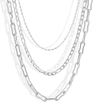 Elegance 11 designs Gold/Silver Stainless Steel Layered Set Necklace Square Linear Paperclip Figaro Chain Flat Chain Thick Short Metal Men's Women's Pop Necklace