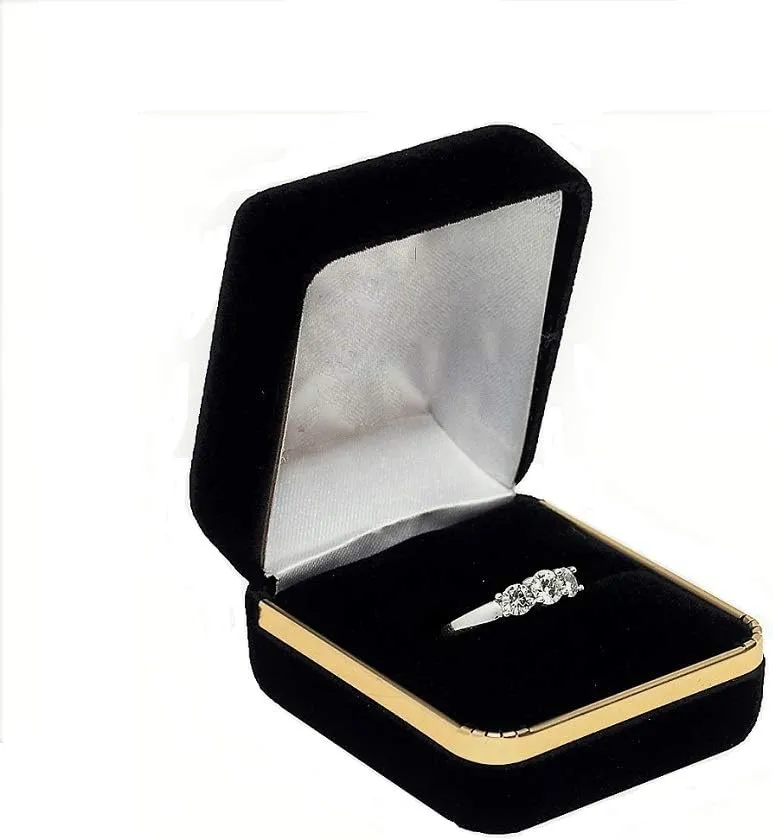 Elegant Black Velvet Ring, Coin, Earring-Studs, Cuff-link Jewelry Gift Box With Brass Trim Premium Quality with White Satin and Black Velvet lined inside the box and Metal Hinge (SR3-BLACK)