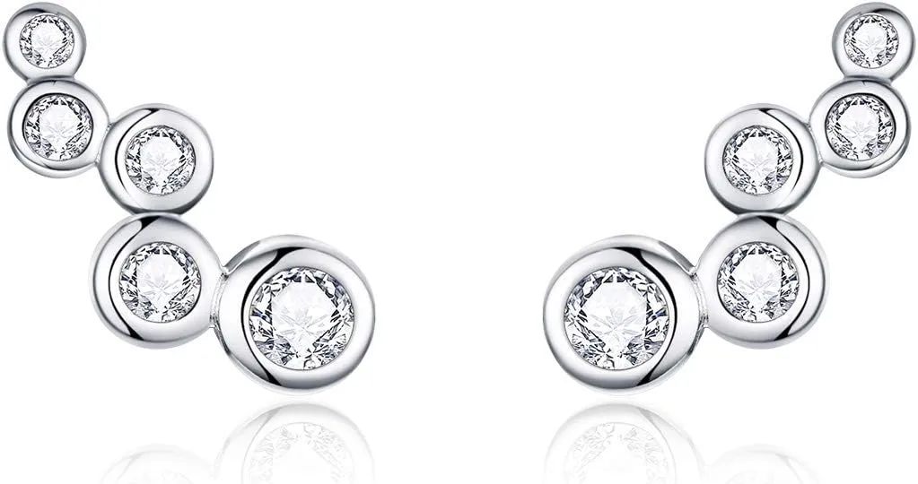 Elegant Round-Cut Crystal Stud Earrings 925 Sterling Silver Simulated Diamond Fashion Cute Climber Wedding Earring Studs Christmas Jewelry Gifts Hypoallergenic for Sensitive Ears