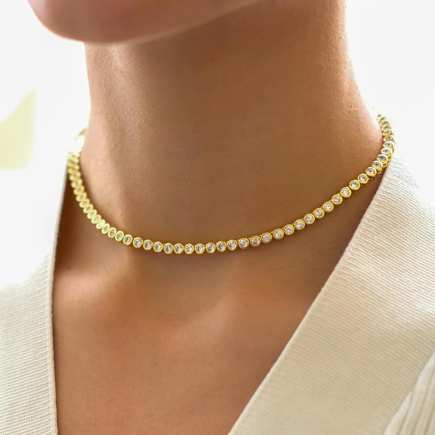 espere Round Bezel Tennis Necklace | 14K Yellow Gold Bezel Set Round CZ Chain Necklace 3 Carat | Classic Round-Cut Diamond Necklace CZ Tennis | Bridal Jewelry | Wedding Necklace | Bridal Necklace