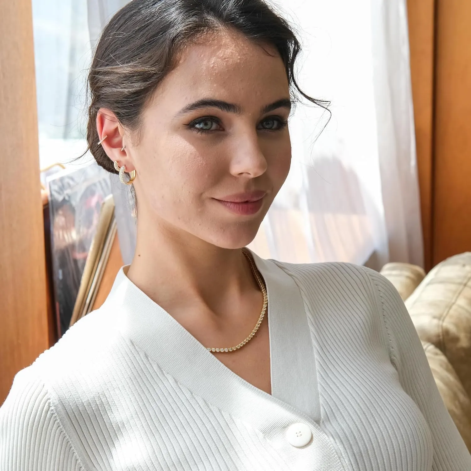 espere Round Bezel Tennis Necklace | 14K Yellow Gold Bezel Set Round CZ Chain Necklace 3 Carat | Classic Round-Cut Diamond Necklace CZ Tennis | Bridal Jewelry | Wedding Necklace | Bridal Necklace