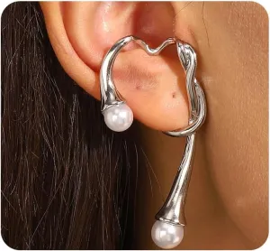 Exaggerated Gold Pearl Ear Cuff Earrings for Women,Geometric Irregular Wrap Earrings Non-Piercing Non Tarnish Earrings Punk Hip Hop Clip On Earrings