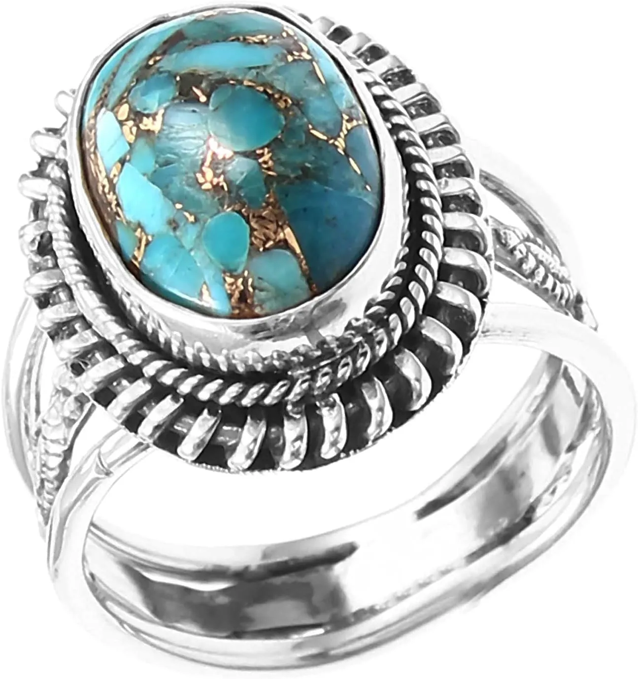 Exclusive Blue Copper Turquoise gemstone ring 925 sterling silver Couple fine fashion ring silver jewelry