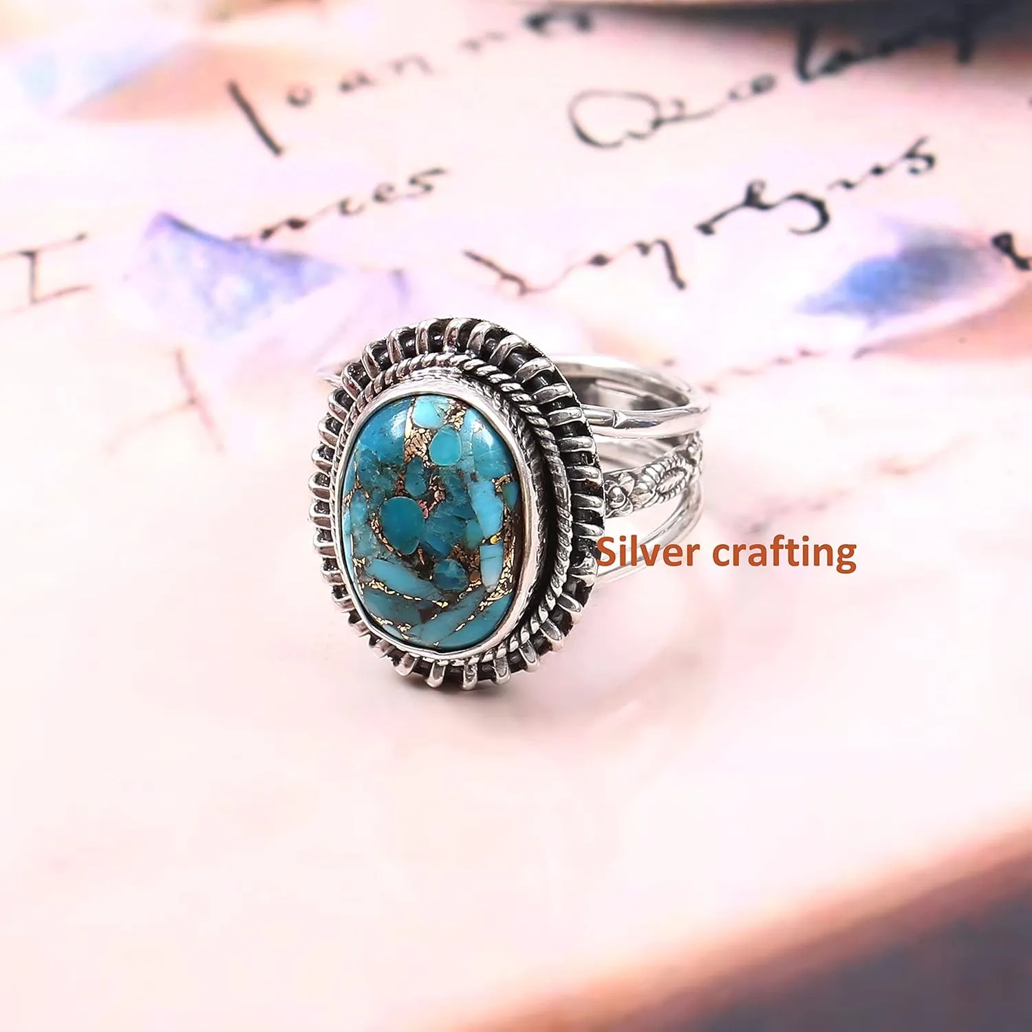 Exclusive Blue Copper Turquoise gemstone ring 925 sterling silver Couple fine fashion ring silver jewelry