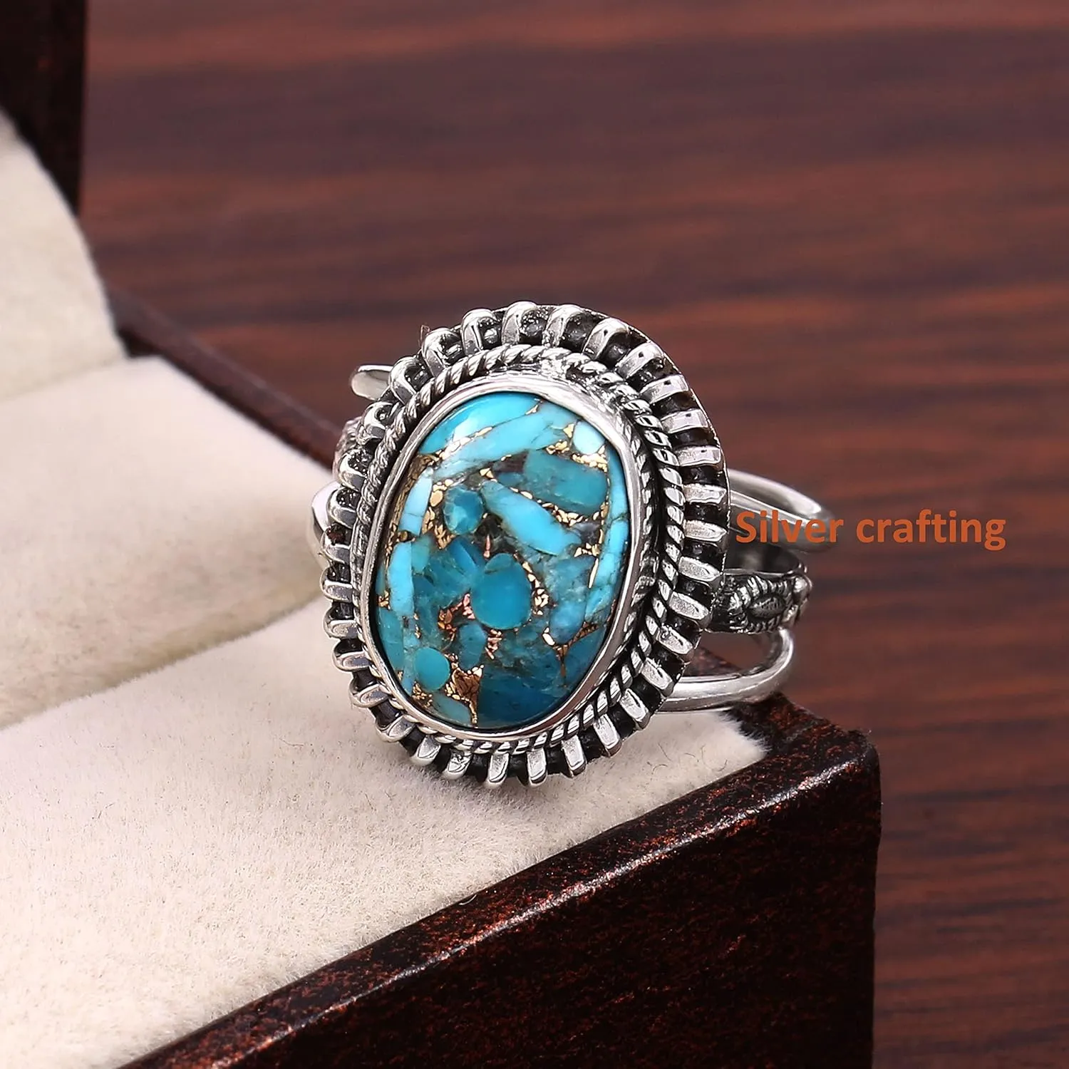 Exclusive Blue Copper Turquoise gemstone ring 925 sterling silver Couple fine fashion ring silver jewelry