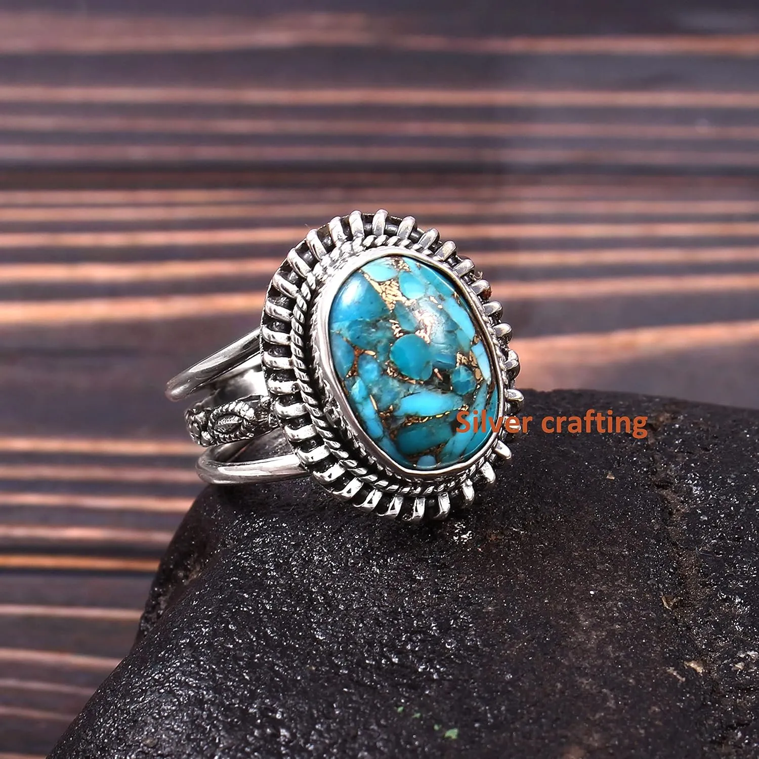Exclusive Blue Copper Turquoise gemstone ring 925 sterling silver Couple fine fashion ring silver jewelry
