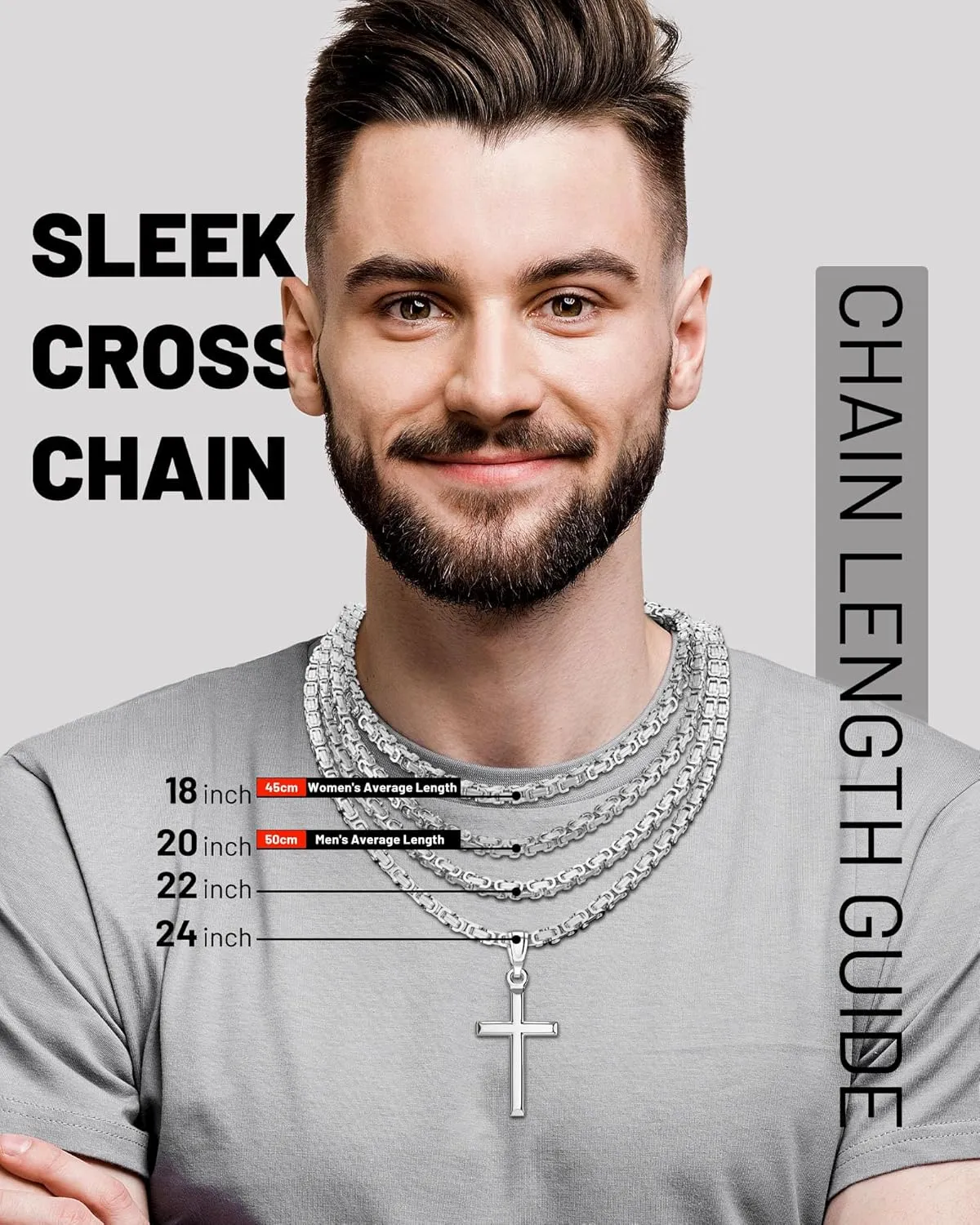 Exquisite Cross Necklace for Men and Women, Silver/Gold/Black Cross Chain with Top-grade 316L Stainless Steel Cross Pendant, 18-24 Inch Box/Byzantine Chains