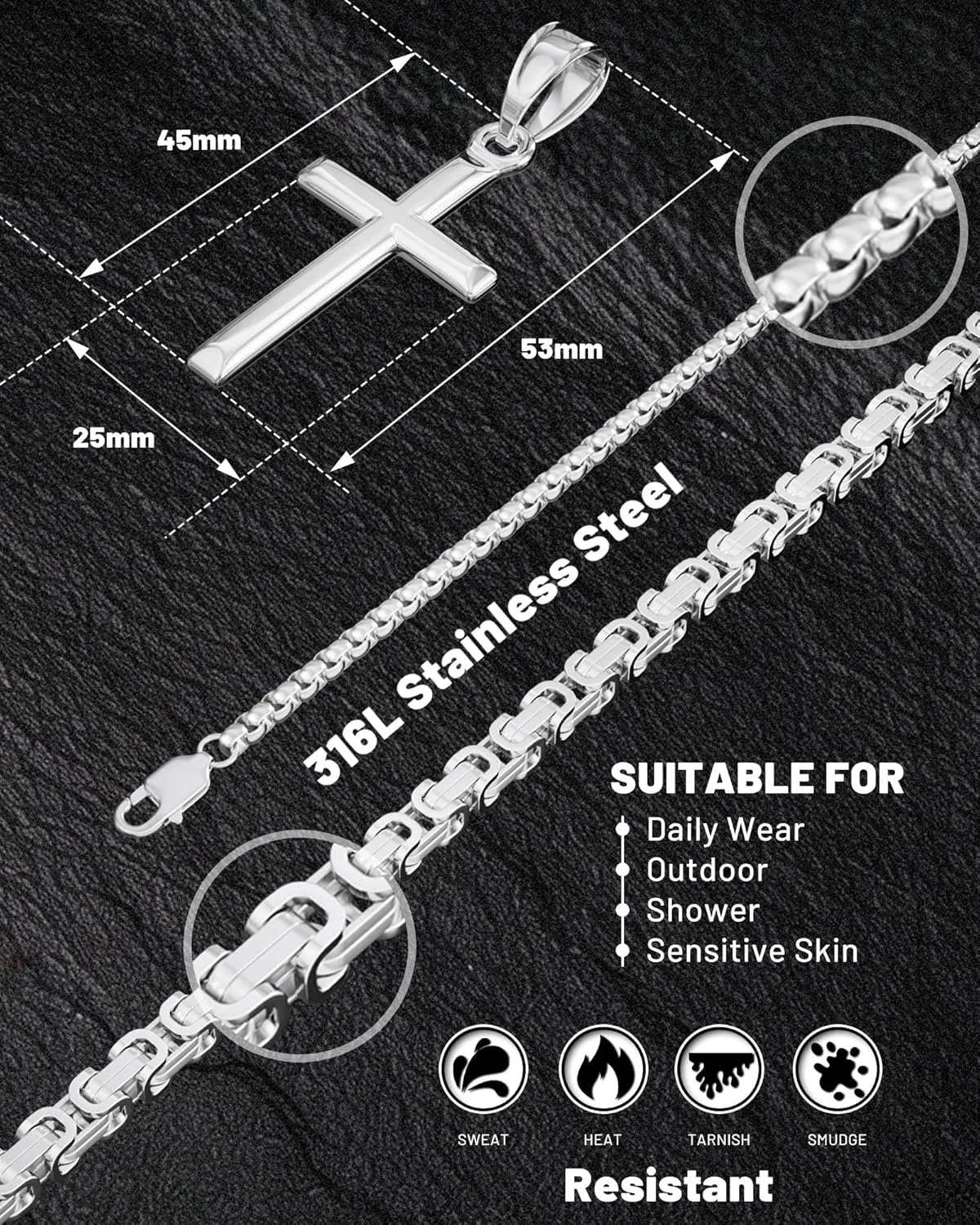 Exquisite Cross Necklace for Men and Women, Silver/Gold/Black Cross Chain with Top-grade 316L Stainless Steel Cross Pendant, 18-24 Inch Box/Byzantine Chains