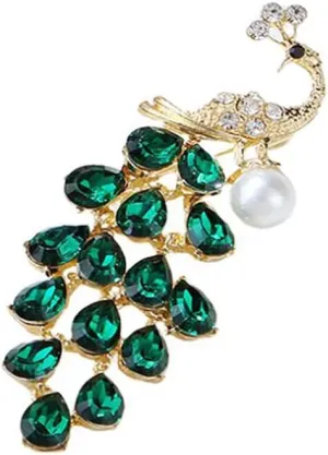 Exquisite Peacock Bird Shawl Brooch Pin Austrian Rhinestone Crystal Faux Pearl Animal 14k Golden Plated Lapel Pins Dress Suit Jackets Scarves Corsage Brooches Pins Cute Jewelry Gifts for Women Girls Wedding