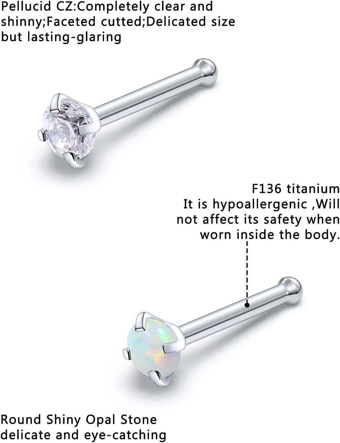 F136 Titanium Nose Rings Studs 20G Straight Nose Stud L Shaped Nose Studs Nose Screw Studs Diamond Nose Stud Heart Nose Stud Corkscrew Nose Studs Opal Nose Stud Square Diamond Nose Stud