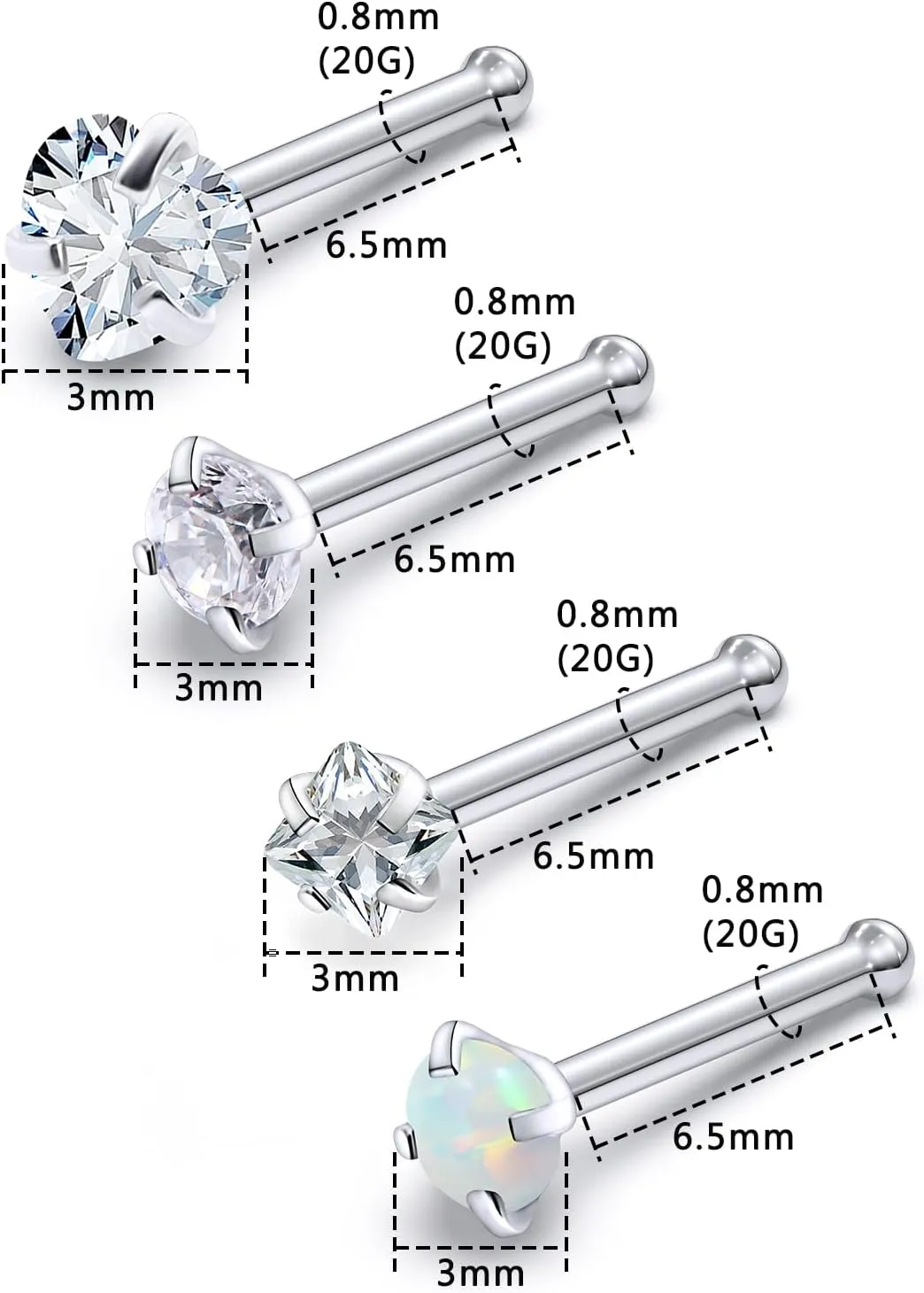 F136 Titanium Nose Rings Studs 20G Straight Nose Stud L Shaped Nose Studs Nose Screw Studs Diamond Nose Stud Heart Nose Stud Corkscrew Nose Studs Opal Nose Stud Square Diamond Nose Stud