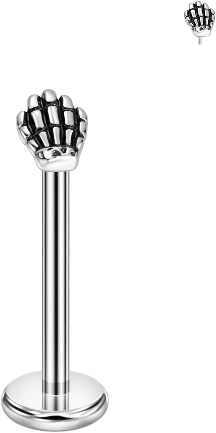 FANSING Skull Hand Labret Studs Threadless Push Pin Earrings 316L Surgical Steel Piercing Jewelry
