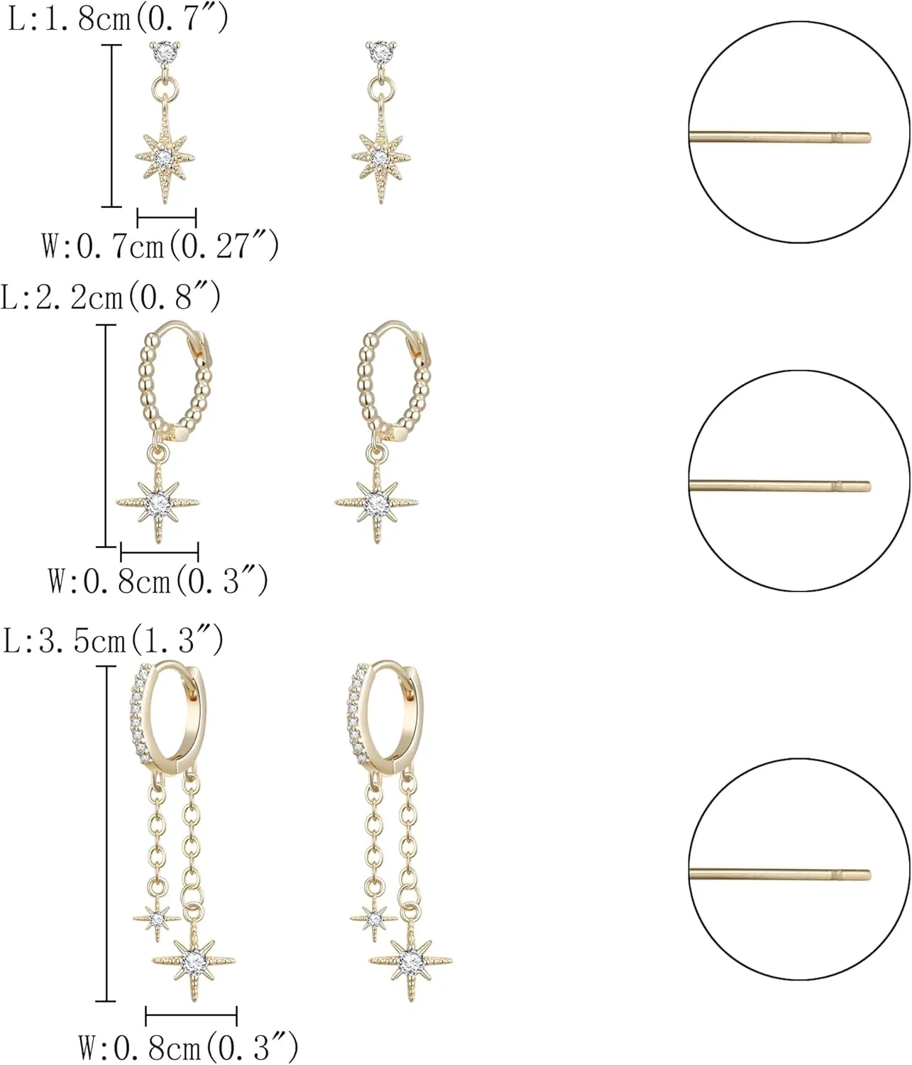 FANZE 3Pairs Star Earrings for Women,Cubic Zircon Srud Earrings Set for Multiple Piercing Hypoallergenic Lightweight Hoop Chain Earrings for Three Holes Earrings Stack Cute Trendy Jewelry