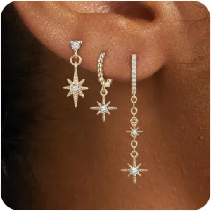 FANZE 3Pairs Star Earrings for Women,Cubic Zircon Srud Earrings Set for Multiple Piercing Hypoallergenic Lightweight Hoop Chain Earrings for Three Holes Earrings Stack Cute Trendy Jewelry
