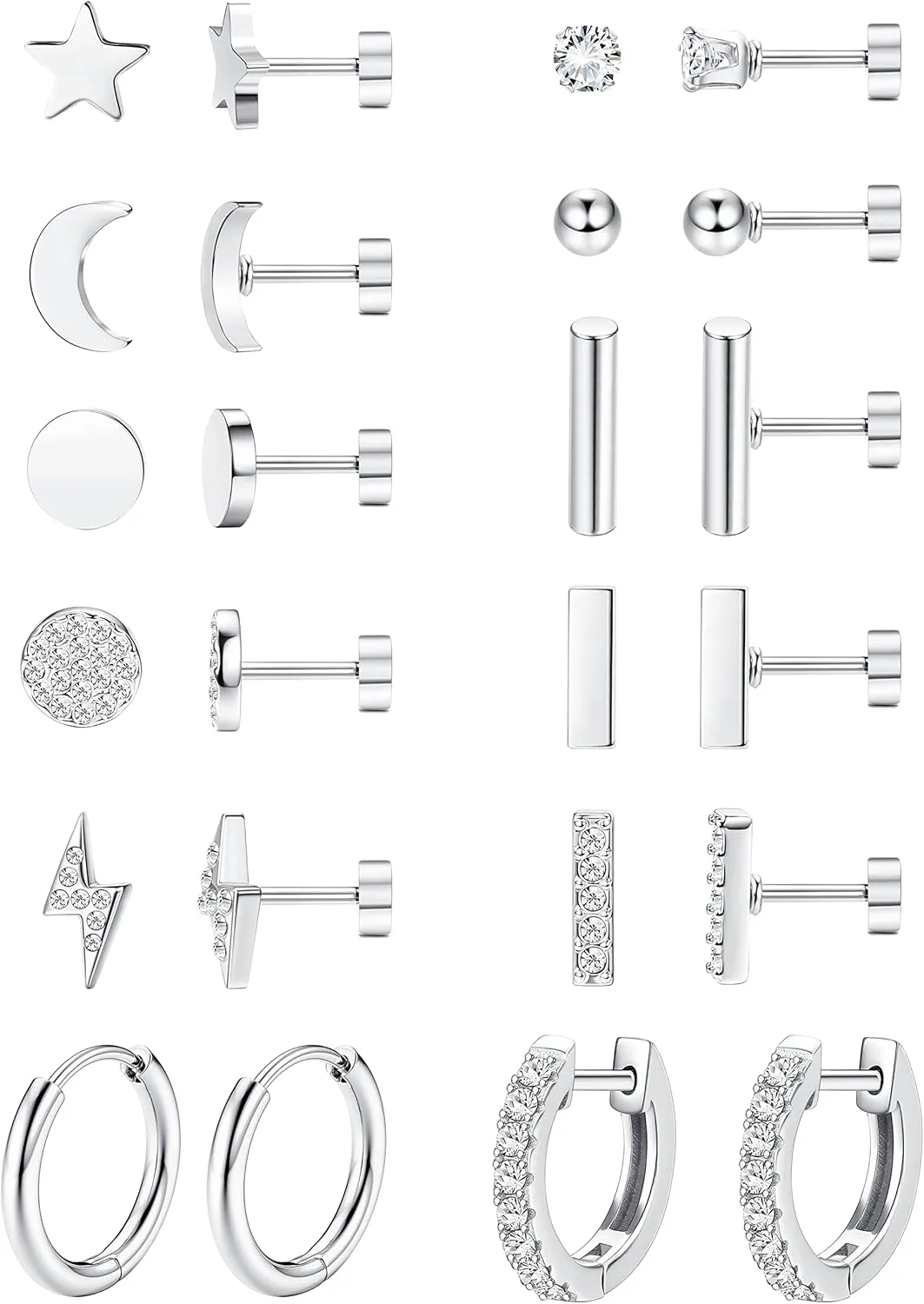 FASACCO 12Pairs Flat Back Earrings for Women Men Hypoallergenic 14K Gold Plated Stainless Steel Flatback Stud Small Huggie Hoop Earrings 20G Tiny Gold Stud Earring Sets for Multiple PIercing