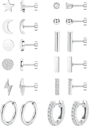 FASACCO 12Pairs Flat Back Earrings for Women Men Hypoallergenic 14K Gold Plated Stainless Steel Flatback Stud Small Huggie Hoop Earrings 20G Tiny Gold Stud Earring Sets for Multiple PIercing