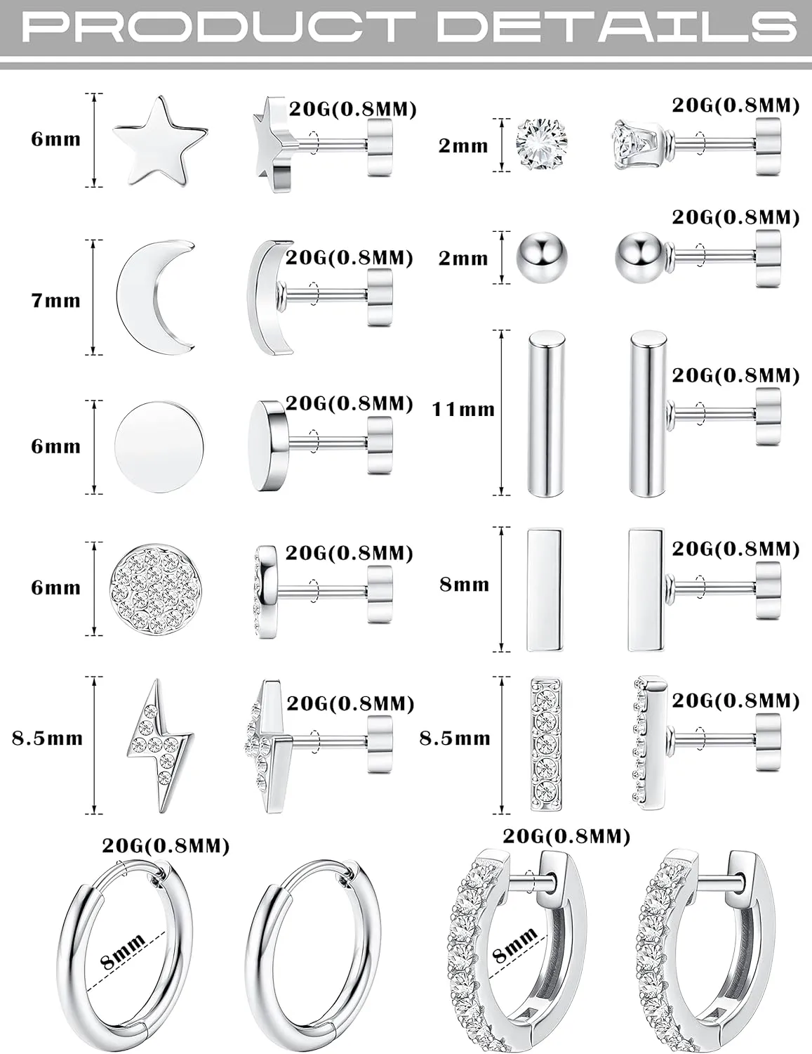 FASACCO 12Pairs Flat Back Earrings for Women Men Hypoallergenic 14K Gold Plated Stainless Steel Flatback Stud Small Huggie Hoop Earrings 20G Tiny Gold Stud Earring Sets for Multiple PIercing