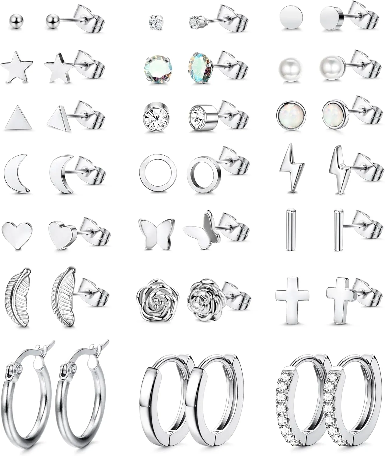 FASACCO 21Pairs Stainless Steel Earrings Silver Stud Hoop Earrings Sets for Multiple Piercing Small Tiny Studs Huggie Hoops