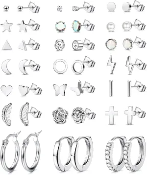 FASACCO 21Pairs Stainless Steel Earrings Silver Stud Hoop Earrings Sets for Multiple Piercing Small Tiny Studs Huggie Hoops