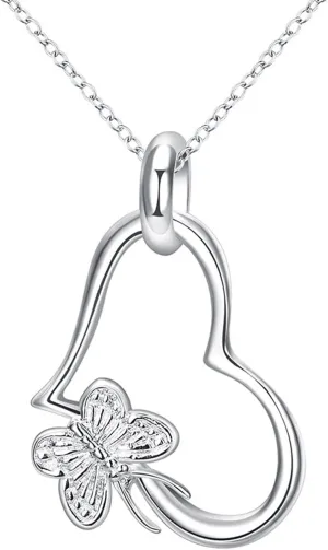 Fashion Jewelry 925 Sterling Silver Butterfly Love Heart Pendant Necklace for Women