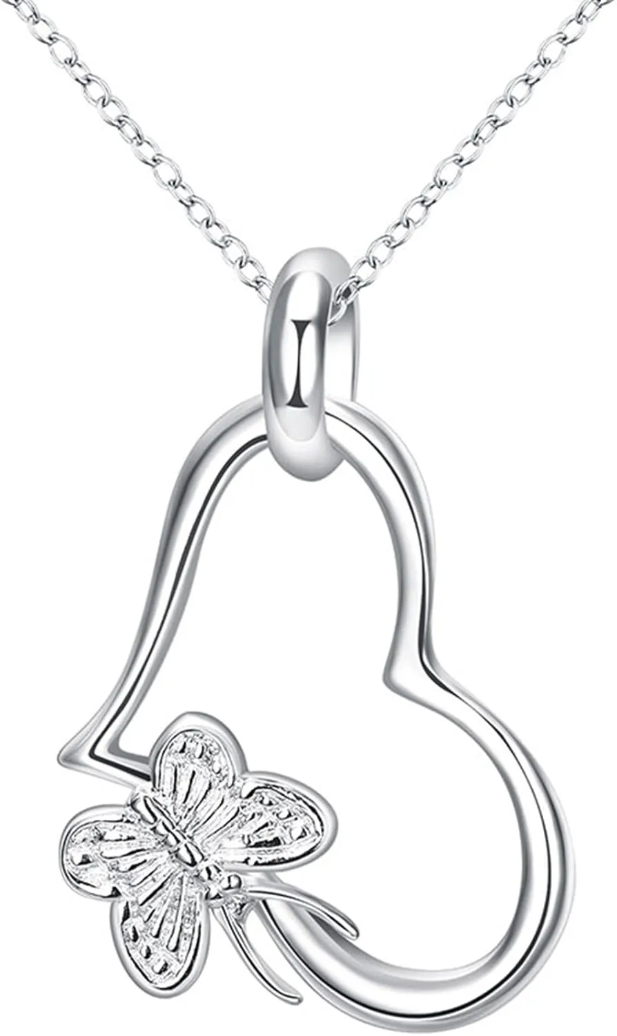 Fashion Jewelry 925 Sterling Silver Butterfly Love Heart Pendant Necklace for Women