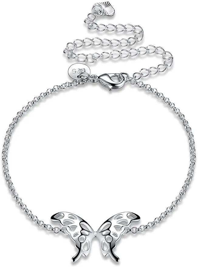 Fashion Jewelry 925 Sterling Silver Butterfly Wings Adjustable Chain Anklet for Women